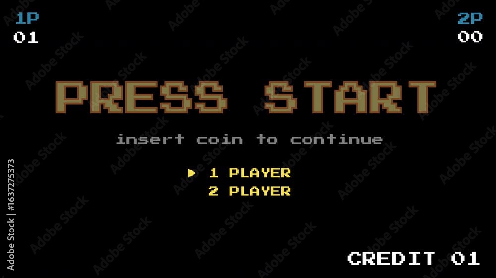 PRESS START INSERT A COIN TO CONTINUE. pixel art. 8 bit game. retro game. for game assets in vector illustrations. pixel art 8 bit game from vintage arcade computer. dark background
