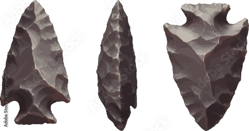 Primitive Sharp Stone Arrowheads of Early Humans Isolated on white backdrop