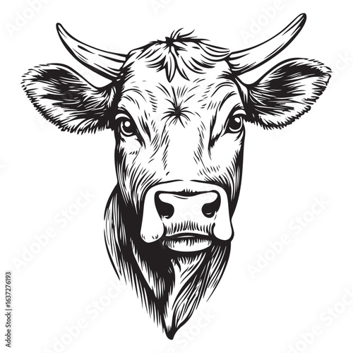 Cow, bull, farm. Vintage retro print, black white cow sketch ink pencil style drawing, engraved old school. Sketch artwork silhouette farm cow, white background