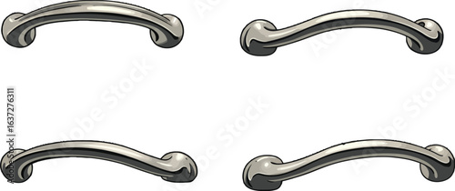 Four antique silver drawer pull cartoon elements symmetrical arrangement