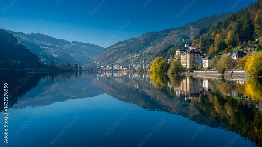 Fototapeta premium Tranquil town reflected in a calm lake.