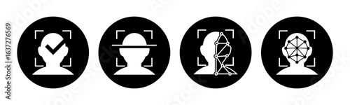 Set of face recognition icon, identity system recognize. Biometric human analysis vector symbol. Representing AI, deep learning, and biometric analysis.