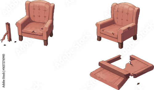 Deconstructed armchair imagery showcasing broken frame, old and worn conditions