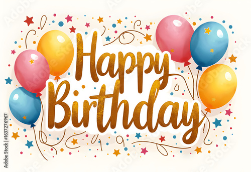Elegant happy birthday card with gold text, balloons, and stars. Use for classy party invites, celebration decor, and festive announcements.
