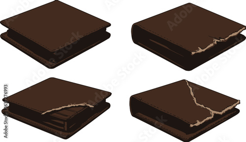 Progression of a Leather Wallet: New, Worn, Damaged, and Falling Apart Concept