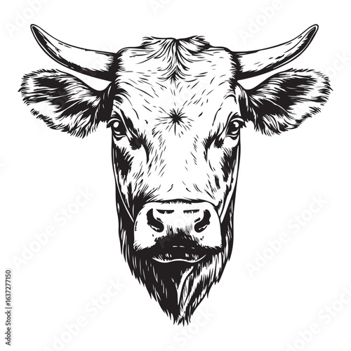 Cow, bull, farm. Vintage retro print, black white cow sketch ink pencil style drawing, engraved old school. Sketch artwork silhouette farm cow, white background