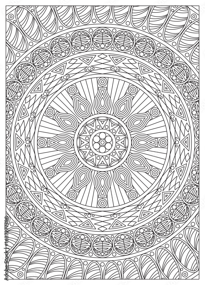 Obraz premium Mandala Coloring Page For Adult Antistress Line Art Hand Down Indian Detailed Full Page Color Hobby Out Line Suitable For Coloring Activity