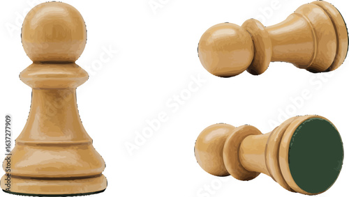 Three Isolated Wooden Chess Pawns Arranged on a White Background