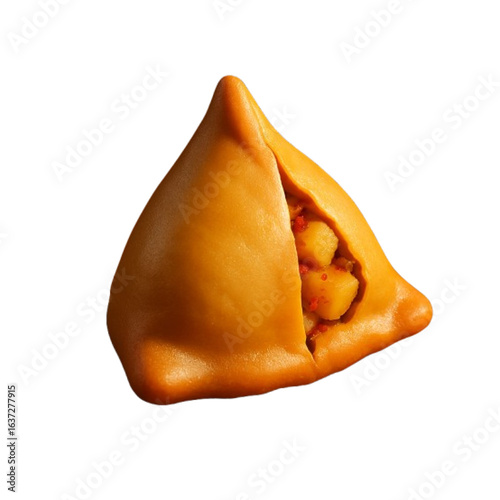 Golden samosa with potato filling isolated on transparent background
