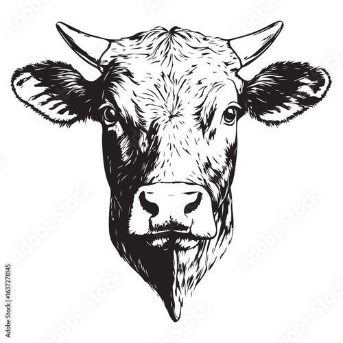 Cow, bull, farm. Vintage retro print, black white cow sketch ink pencil style drawing, engraved old school. Sketch artwork silhouette farm cow, white background