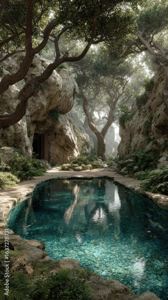 Naklejka premium Tranquil pool nestled in a sunlit forest glen