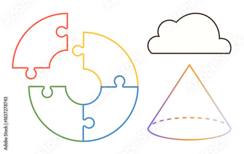 Circular puzzle pieces in vibrant colors, outlined cloud, and gradient-style cone. Ideal for teamwork, strategy, innovation, planning, brainstorming creativity education. Clean and simple flat