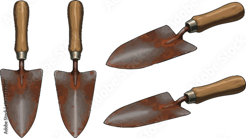 Rustic garden trowels with weathered blades and wooden handles illustration