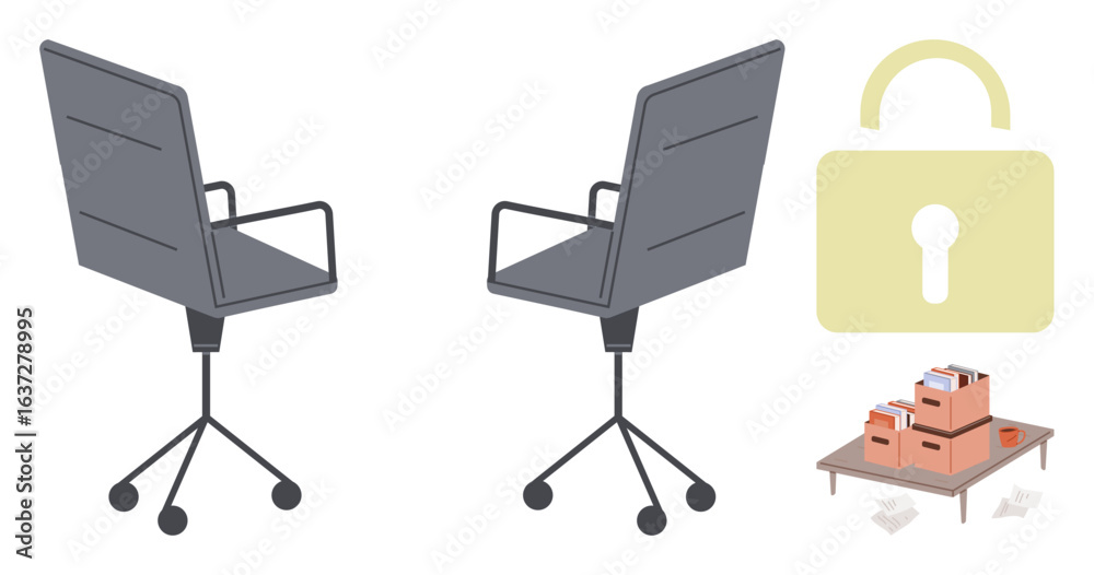 Fototapeta premium Two office chairs, cardboard storage boxes with files, and a lock graphic emphasize workplace setup, document storage, team collaboration, and data privacy. Ideal for organization, productivity