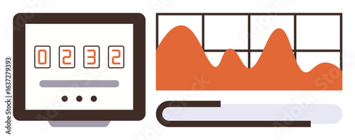 Digital counter next to rising graph on a book highlighting data tracking, analysis, and learning. Ideal for statistics, education, progress, monitoring, business, research simple flat metaphor