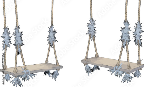 A Cartoonish, Whimsical Depiction of Two Wooden Swings With Unique Accents