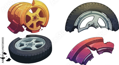 Fragmented automotive wheels illustration symbolizing vehicle damage concept