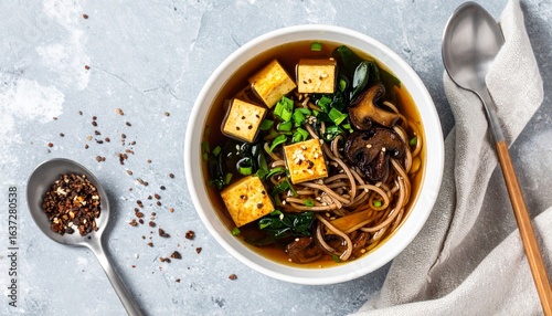 miso and soba noodle soup with roasted tofu and mushrooms. top view 