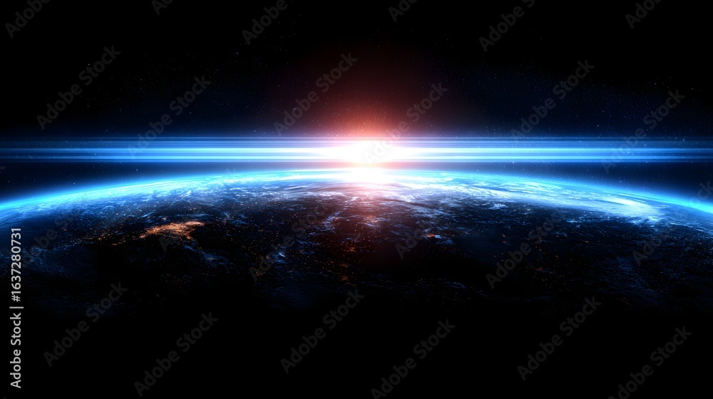 Fototapeta premium Earth rising from space with a bright sunrise.