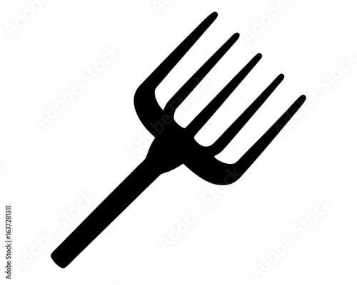 Stylized Black Silhouette of a Five Pronged Pitchfork on White Background