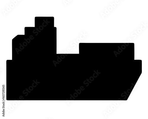 Black Silhouette of Cargo Ship on White Background with Detailed Superstructure