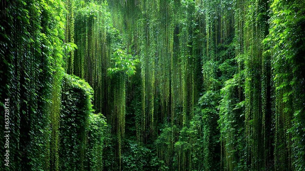 Fototapeta premium Lush greenery cascading down a forest wall.