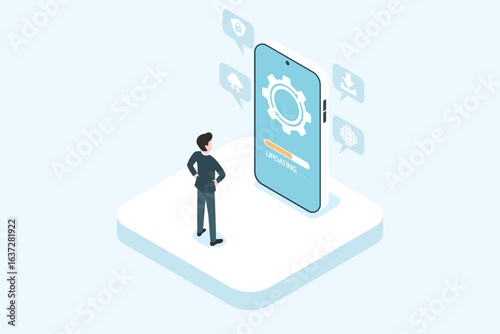 Isometric vector showing a man waiting for a smartphone system update with a loading bar. Great for illustrating technology upgrades, software maintenance, and app development.