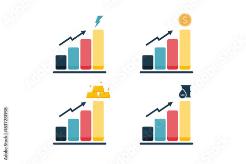Vector infographic icons showing growth trends for key commodities: electricity, money, gold, and oil. Ideal for finance, economy, and investment themes.