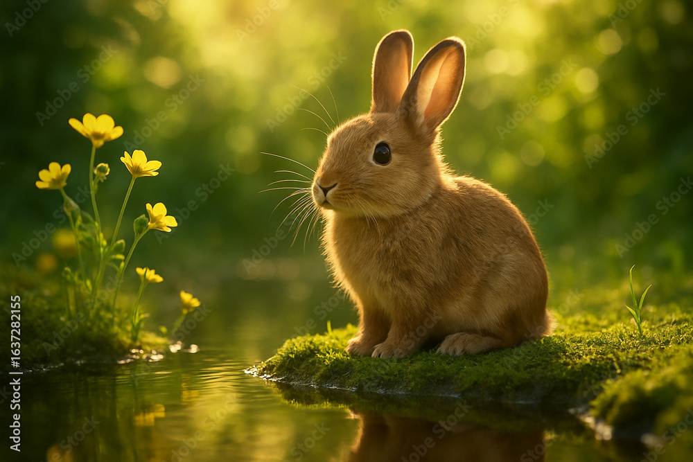Obraz premium Adorable Brown Rabbit Sitting by Water in Green Meadow