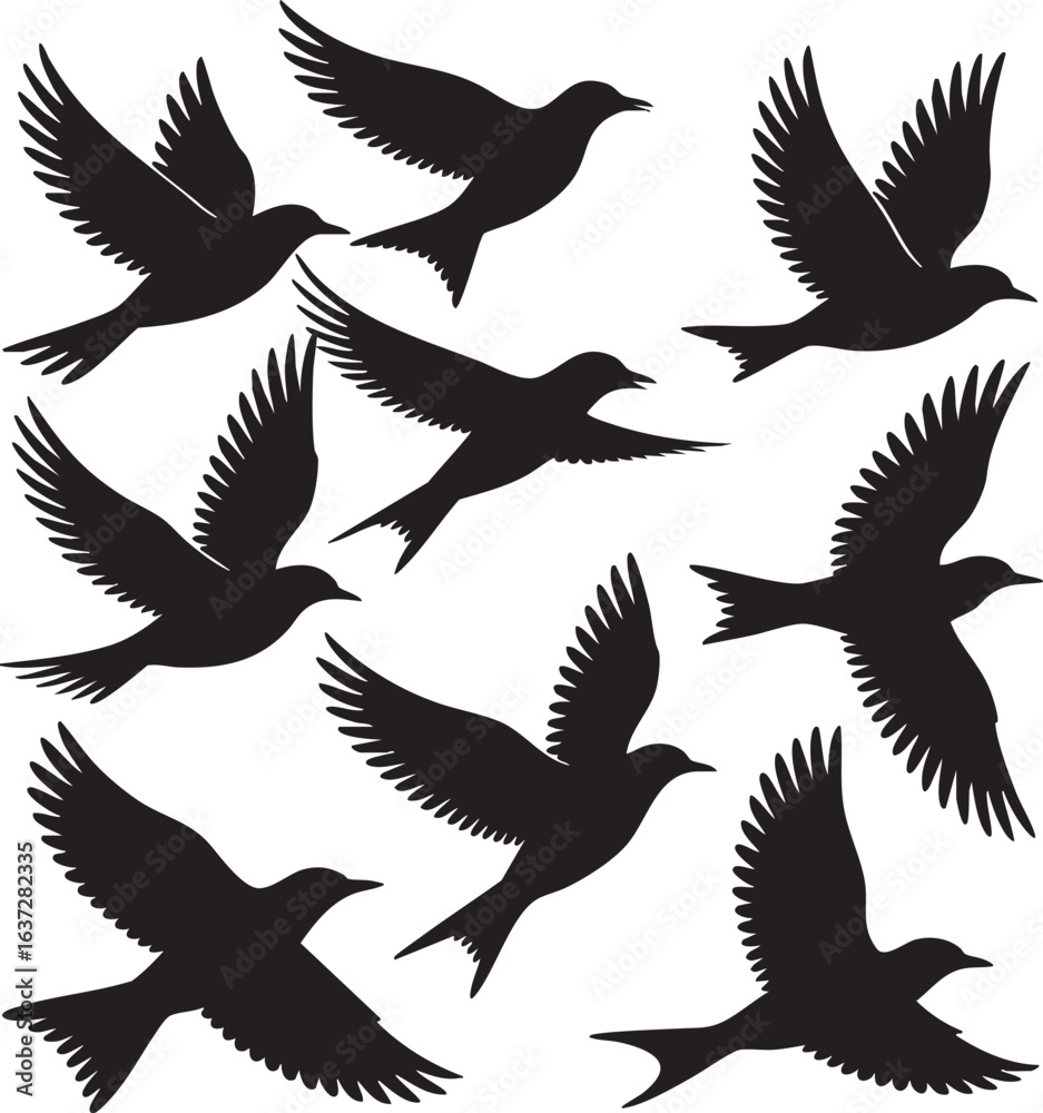 Fototapeta premium Crow and Bird Flock Flying White Background – Minimalist Nature Art” Isolated Black Elements”