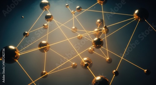 Network with Golden Spheres Connected by Lines, Representing Global Connection, Data Transmission