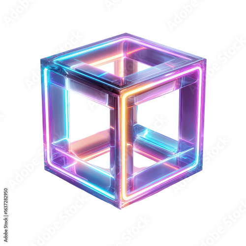 Colorful glowing cube with neon lights showcasing a 3D geometric design in a modern style