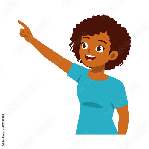 Smiling African American woman pointing upward with confident expression illustration