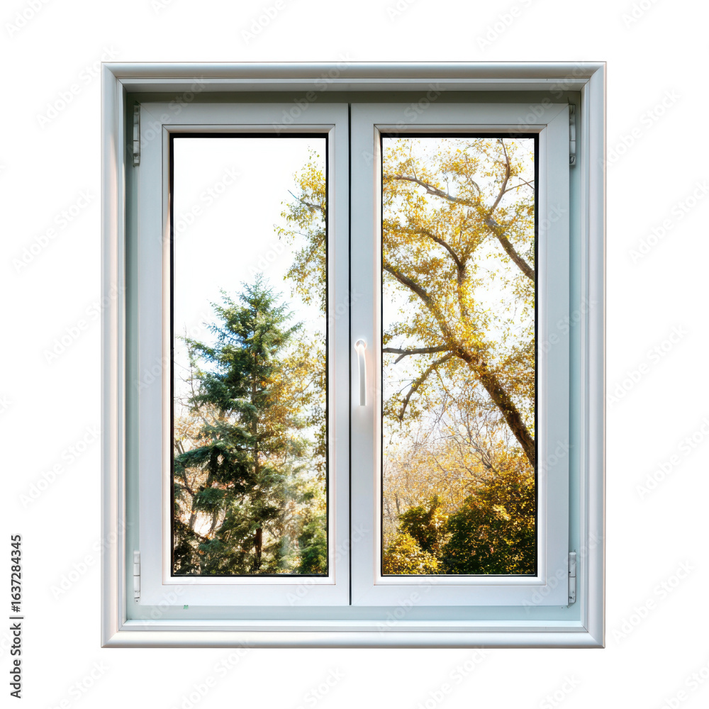 Fototapeta premium White framed window showing autumn trees and evergreen foliage image, Isolated On White, Png Transparent, Cut Out