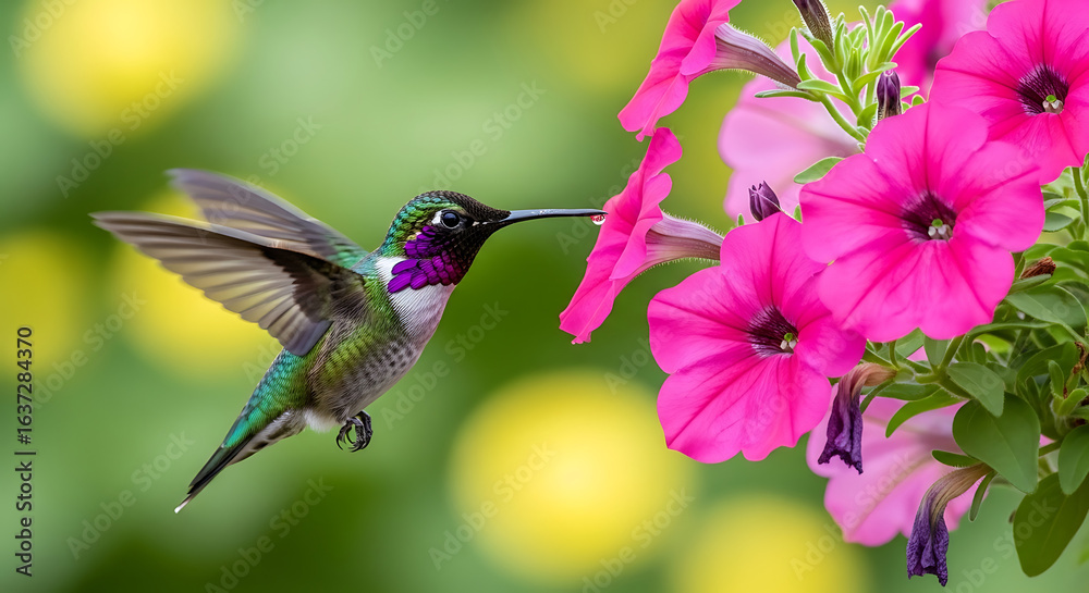 Fototapeta premium A beautiful male hummingbird with an iridescent purple throat hovers in mid-air while feeding on nectar from vibrant pink flowers.