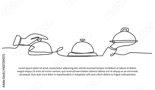 Continuous line design of ordering a meal at a restaurant. Single line decorative element drawn on white.