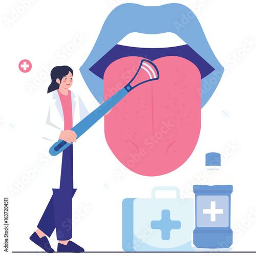 Dental Care Illustration. Vector illustration of A dentist demonstrating proper tongue cleaning for better oral hygiene and fresh breath. Isolated on background