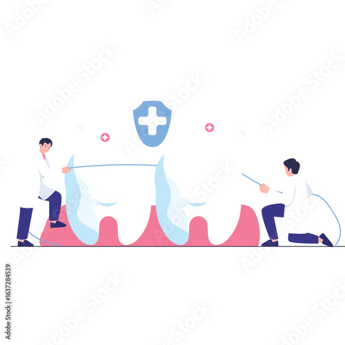Dental Care Illustration. Vector illustration of Dentists cleaning teeth using dental floss for healthy gums and oral hygiene. Isolated on background