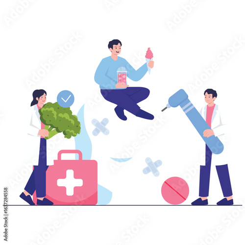 Dental Care Illustration. Vector illustration of Dentists promoting healthy foods and warning against sugary treats for dental health. Isolated on background