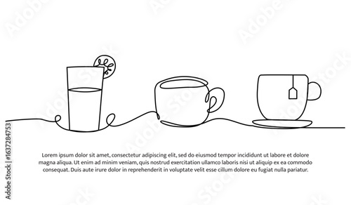 Continuous line design of drink tea,  coffee, juice. Single line decorative element drawn on white.