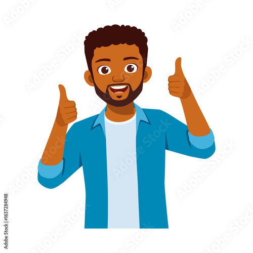 Happy African American man in blue shirt giving thumbs up with positive expression