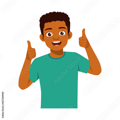Cheerful African American Boy Giving Thumbs Up with Both Hands and Smiling on Isolated White Background