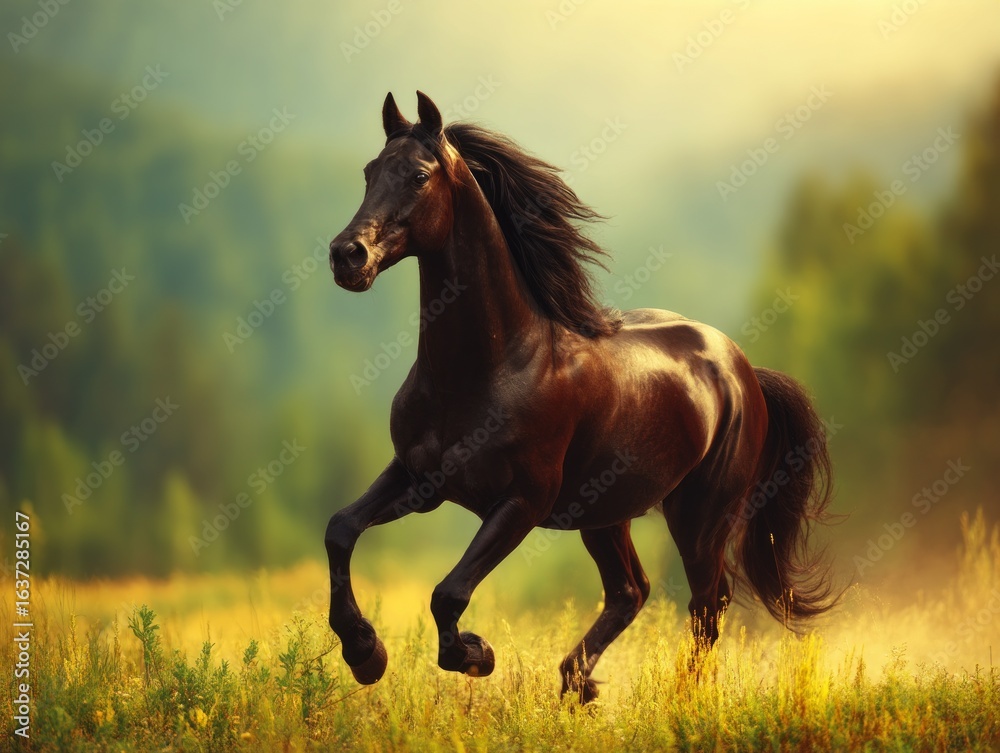 Obraz premium Majestic dark horse galloping through a golden field.