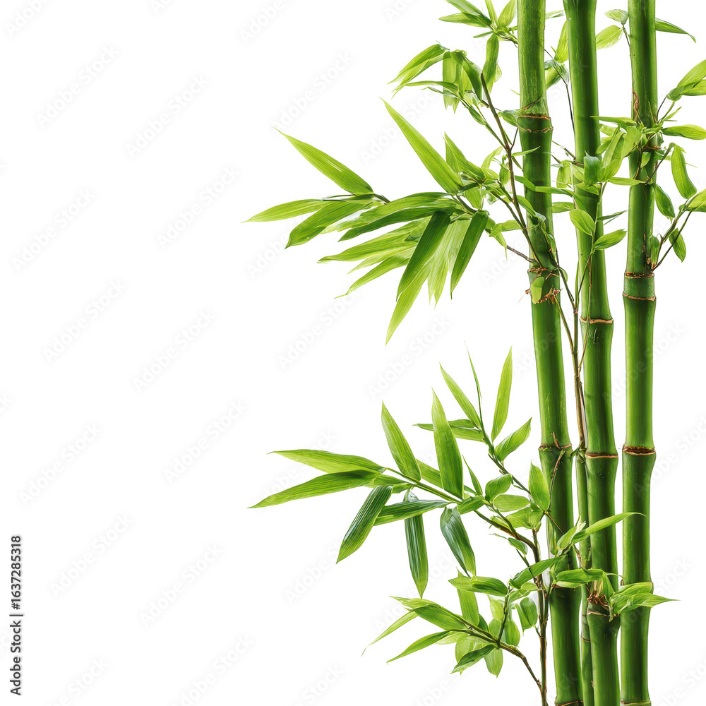 Naklejka premium Green bamboo stems with lush leaves creating a natural, serene atmosphere in a garden setting during daylight