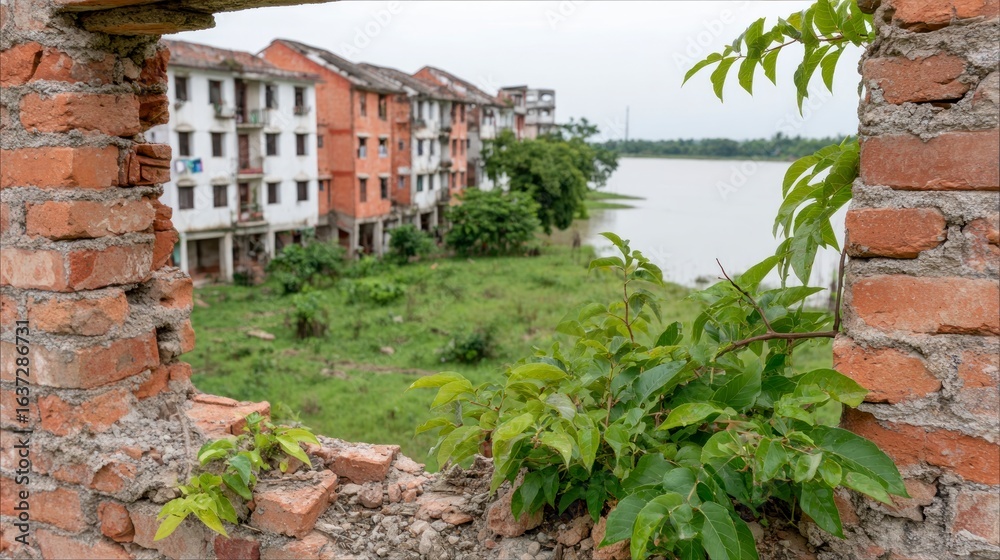 Fototapeta premium Overgrown vegetation frames a view of dilapidated buildings by a water body
