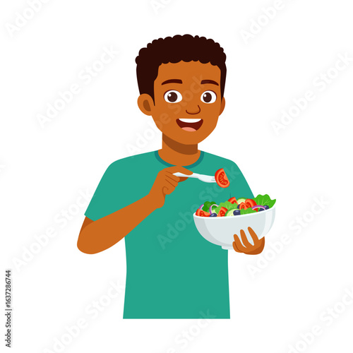 African American man smiling eating healthy salad with fork in bowl illustration