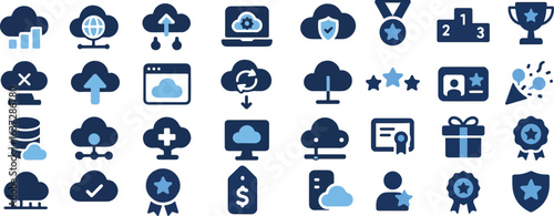 Cloud Computing and Achievement Icon Set for Technology, Awards, and Business