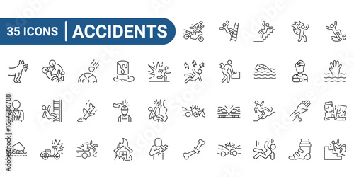 Thirty five accident icons depicting injuries and misfortunes, suitable for safety manuals, educational materials, or workplace training resources. editable stroke