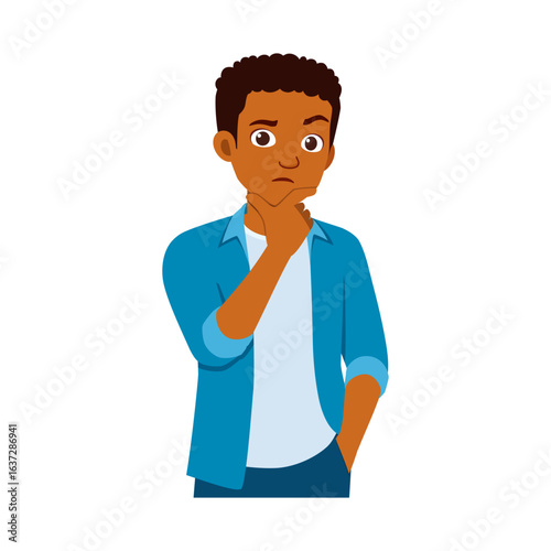 Thoughtful African American Boy in Blue Shirt with Hand on Chin Pondering