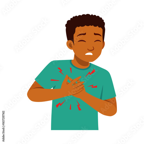 African American man suffering from chest pain, clutching his chest in distress, cartoon illustration style